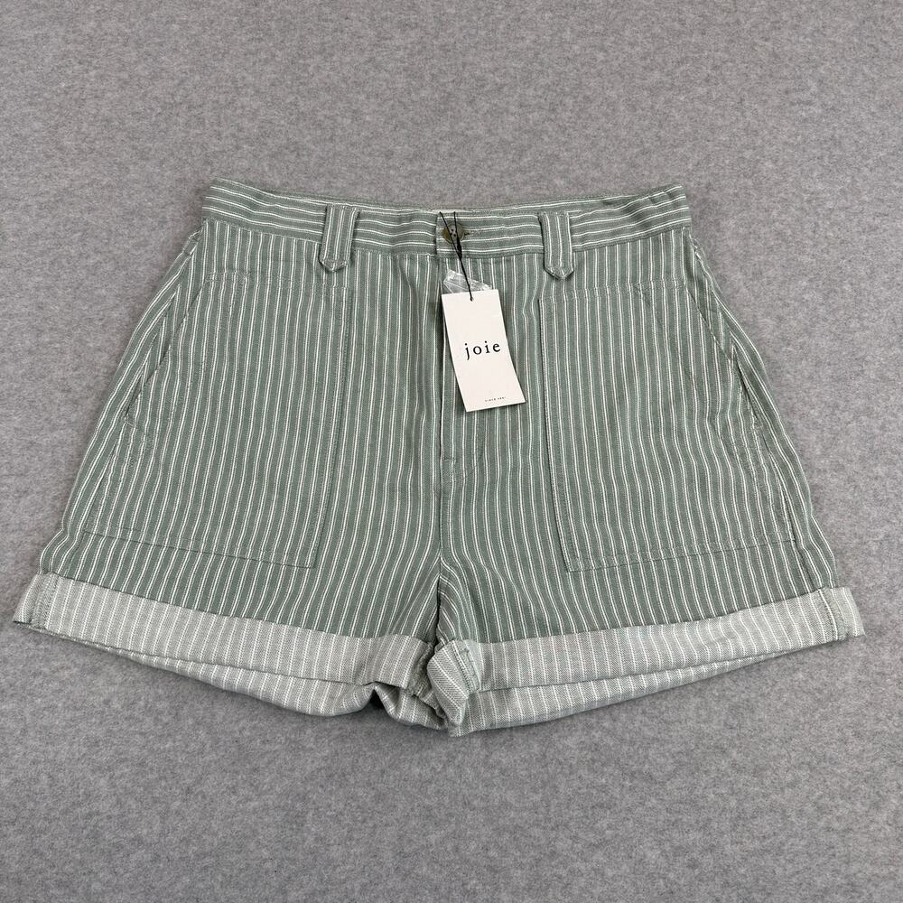 Joie Charlotte Short SZ 32 Green White Striped High Rise Rolled Hem Side Pockets